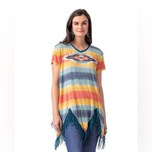 Double‎ D Ranch Women's Eye Of The Tiger Fringe Shirt Sleeve Top- Size XS